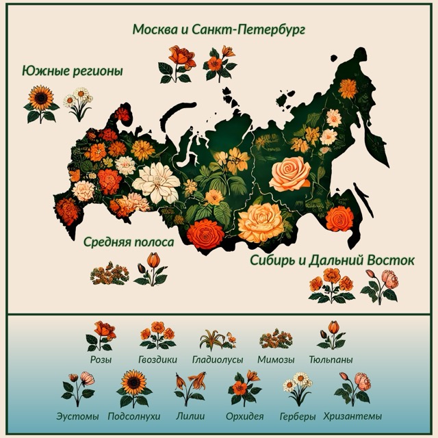 карта России, на которой выделены регионы с их основными цветочными предпочтениями